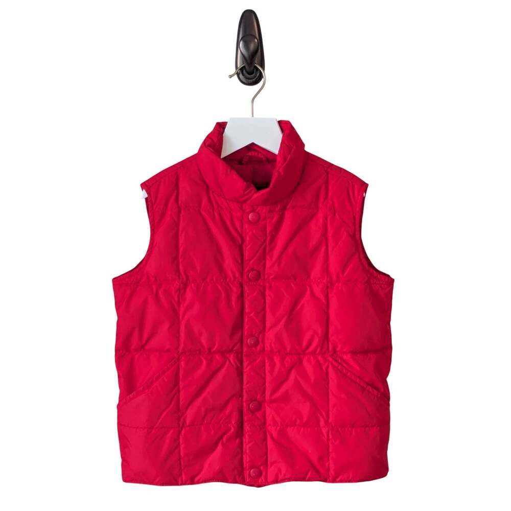 Lands' End Youth Down Puffer Vest M (5-6) Red Quilted Full Snap Preppy Cabincore